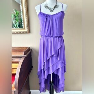 Guess Purple Ruffle Midi Dress High Low Maxi Cross Back Elastic Waist Size XS